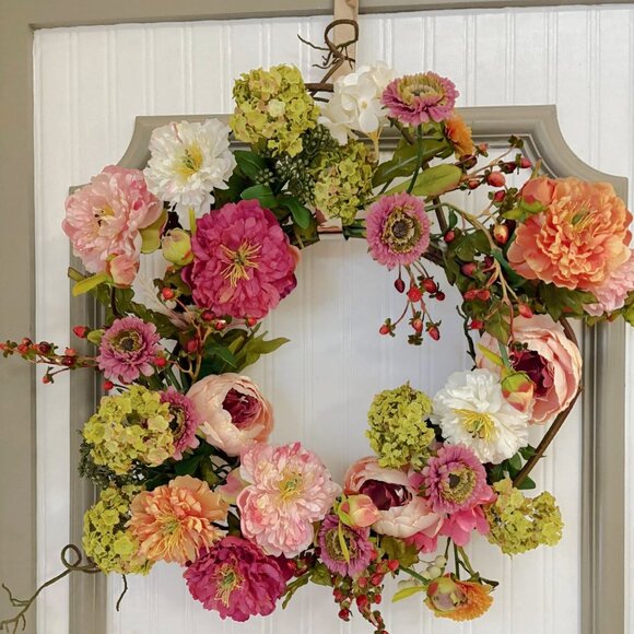 Mixed Peony Wreath on Faux Grapevine  24" - Picture 4 of 4